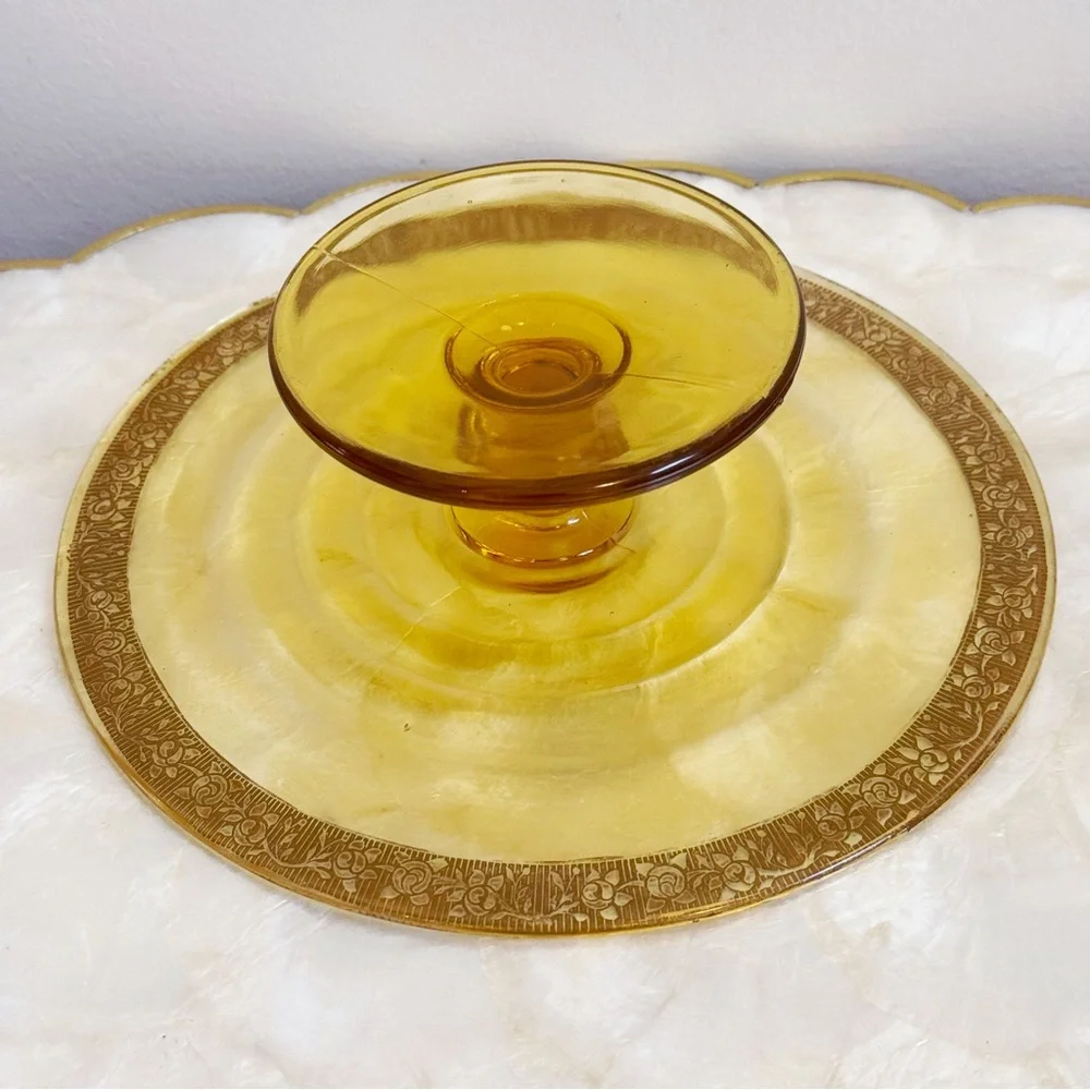 Vintage Gold Floral Trim Amber Pedestal Dish